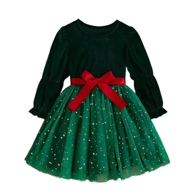 Vestido de cuello redondo y manga larga para niña, vestido redondo de manga larga para niña, vestido de princesa para fiesta de Navidad, vestido infantil, vestido de malla con lazo y estrellas brillan