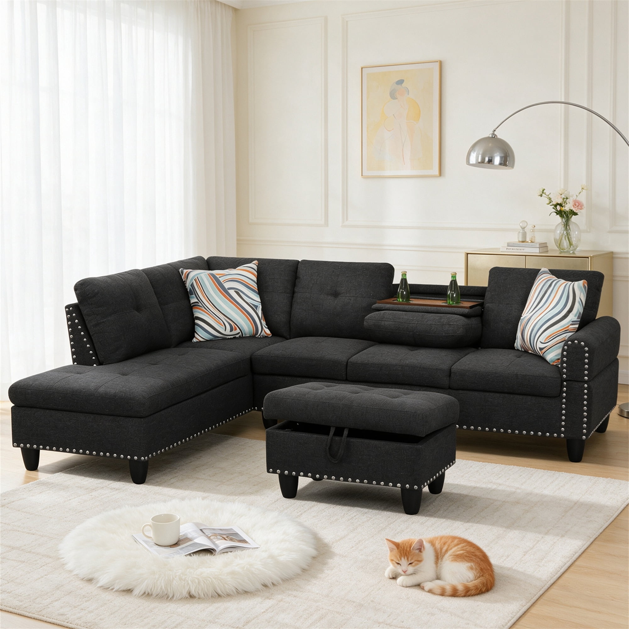 Aukfa 98" L Shaped Sectional Couch with Cup Holder, Storage Ottoman, Tufted Back, Left Chaise Modular Sofa for Living Room, Linen, Black