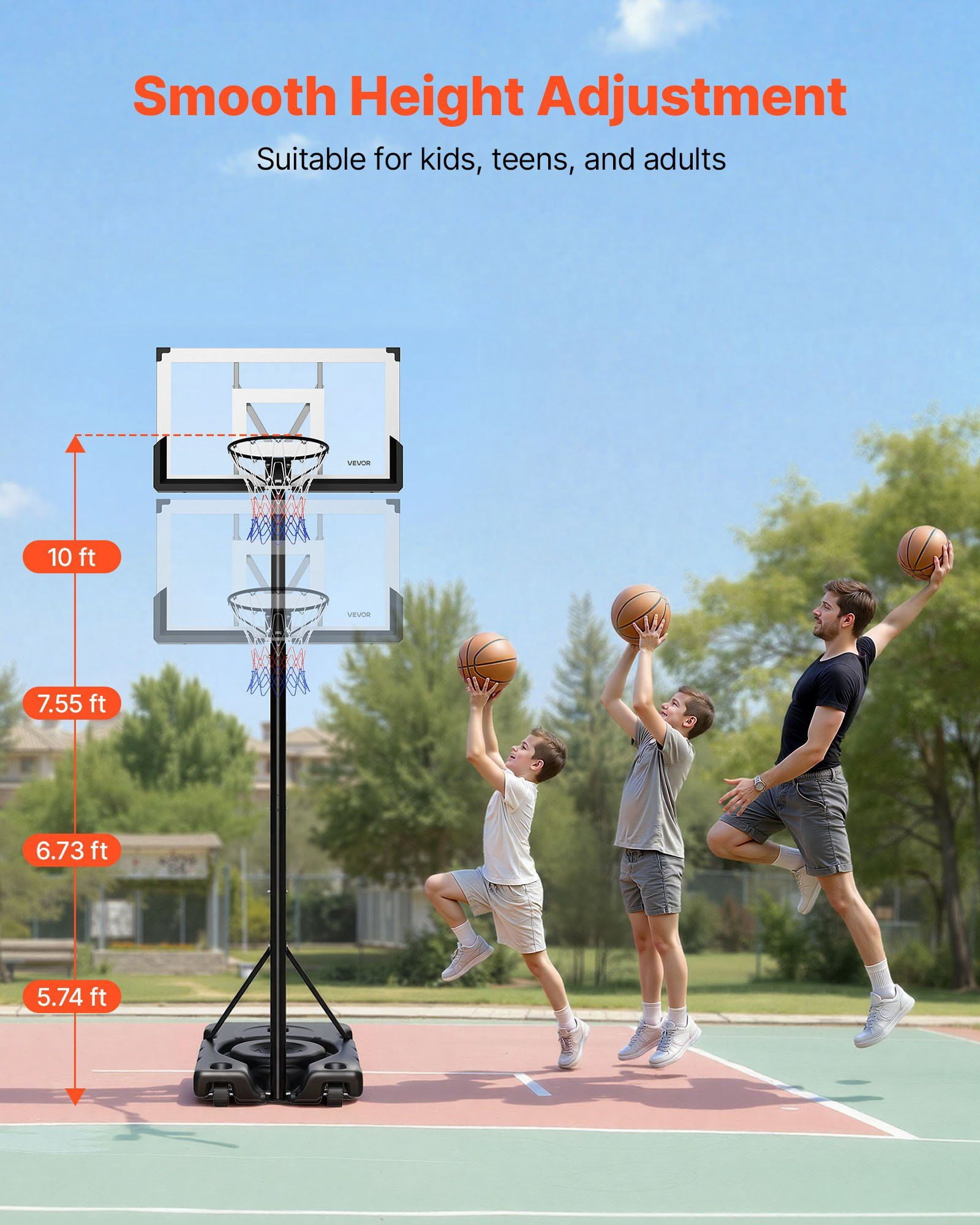 Portable Basketball Hoop 10ft Height Adjustable Goal with 48 Inch PC Backboard Wheels for Kids Teens Adults Driveway Pool School