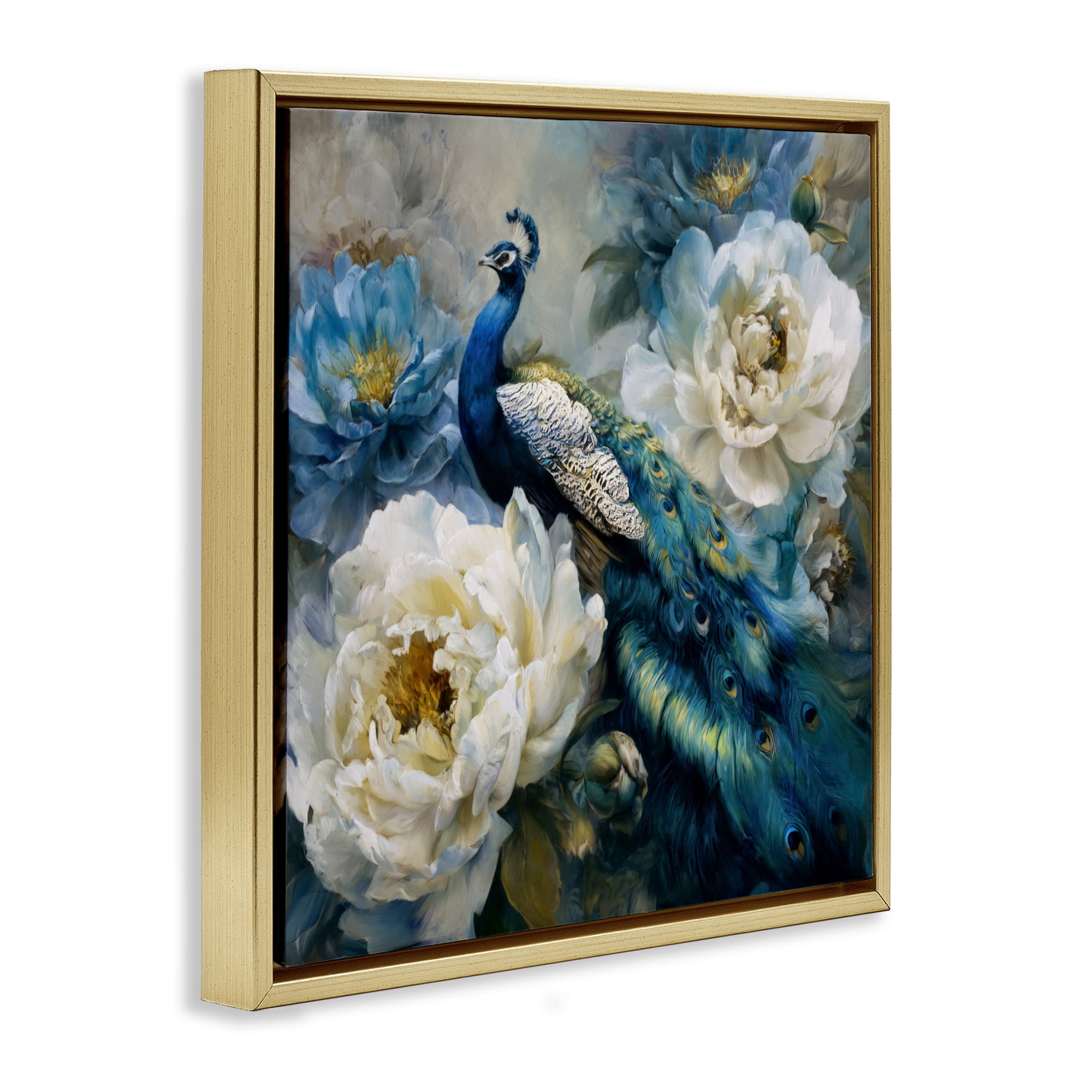 Stupell Industries Pretty Peacock with Roses Gold Framed Floater Canvas Wall Art, design by Tina LeCour