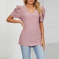 thumbnail image 2 of Camisa de manga abombada con cuello en V para mujer, Top de manga corta, camisa delgada holgada con agujeros, color rosa oscuro M, 2 of 6