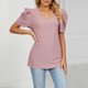 thumbnail image 2 of Camisa de manga abombada con cuello en V para mujer, Top de manga corta, camisa delgada holgada con agujeros, color rosa oscuro S, 2 of 6