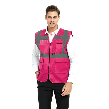 

GOGO 5 Pockets High Visibility Safety Vest with Reflective Strips Working Uniform Vest-Hot Pink-M
