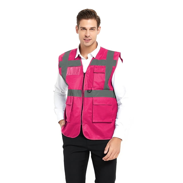 TOPTIE 5 Pockets High Visibility Safety Vest with Reflective Strips, Working Uniform Vest-Hot Pink-L