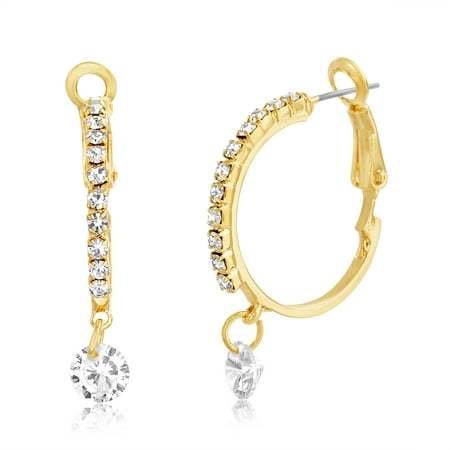 Gold Plated Brass Crystal - Lesa Michele Women's White Crystal Dangle 20MM Hoop Earrings in Yellow Gold Plated Brass