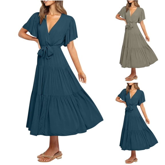 Ashirexll Long Dresses for Women, Flowy Dresses for Women, Elegant Short Sleeve V-Neck Lace Up Casual Summer Long Dress