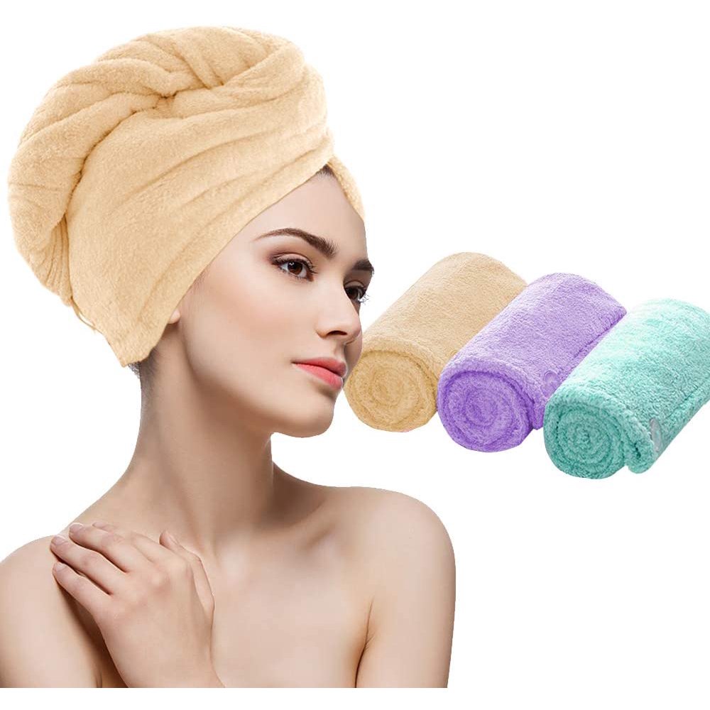 3 Pack Hair Towel Wrap, Rapid Hair Drying Towel with Button, Quick Dry