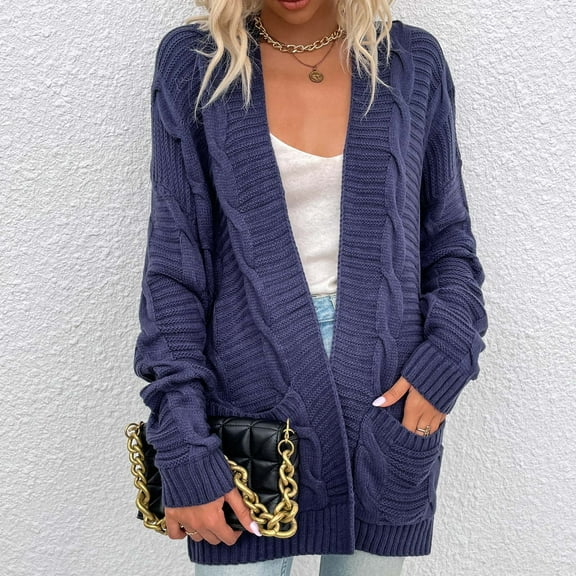 CEHVOM Women's Autumn Winter Solid Color Pocket Long Sleeve Cardigan Sweater Jacket Tops