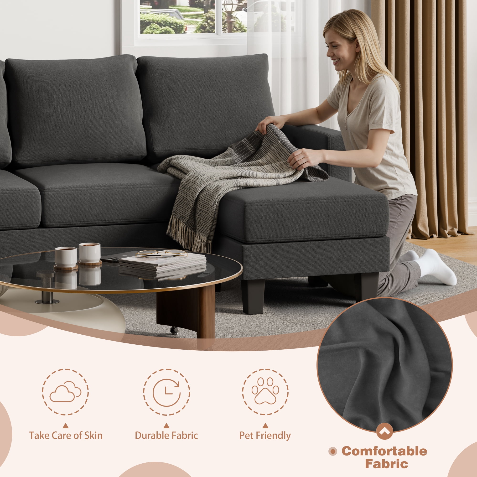 Vineego 72" L-Shaped Sectional Sofa with Ottoman Ergonomic Support Sofa Couch for Small Spaces Living Room, Apartment,Dark Gray