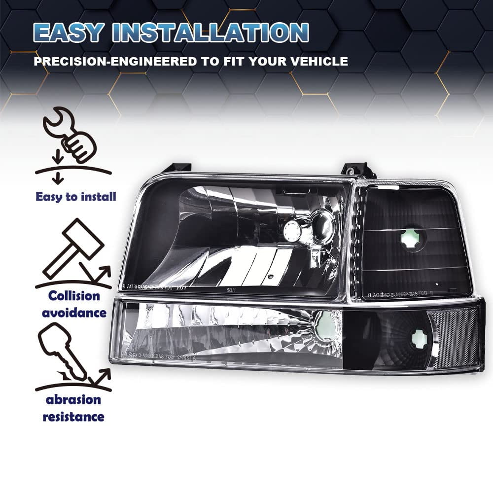 PIT66 Headlights HeadLamps w/Corner Signal Bumper Lamps Clear Lens Black Housing Clear Reflector Fit for 92-96 Ford F150/250/350 Bronco