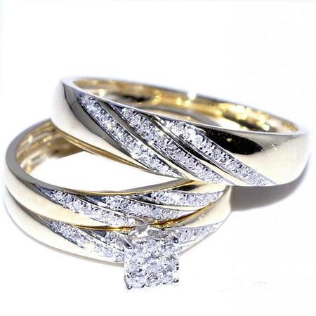 His and Her Trio Wedding Rings Set 1/3cttw 10K Yellow Gold 