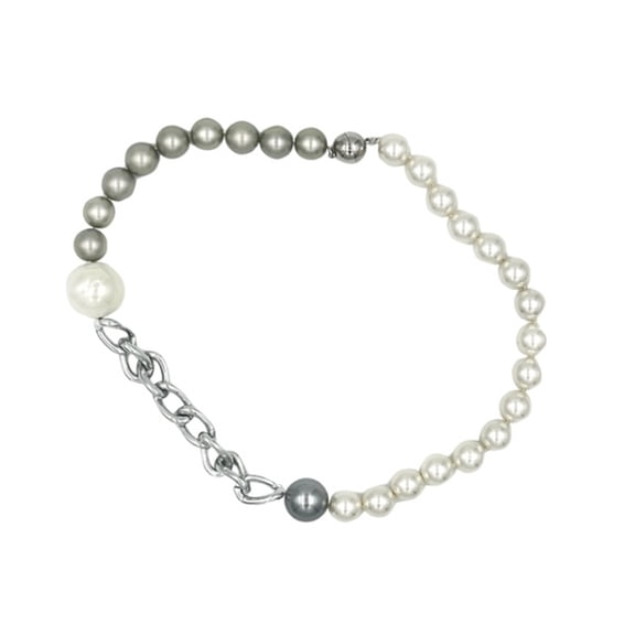 Suzannes Jewelry Short Blocked Chain and Pearl Necklace with White and Silver Accent Pearls for Women