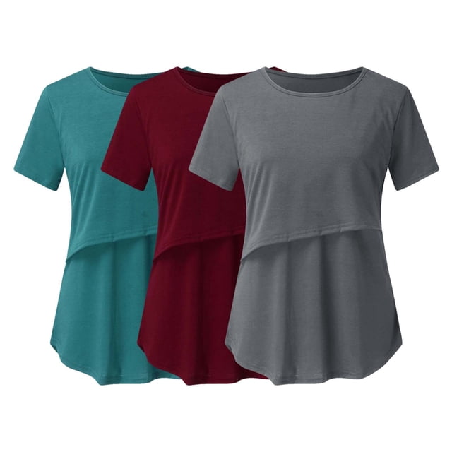 DPTALR Blouse d'Allaitement à Manches Courtes pour Grossesse, Couleur Unie, Col Rond
