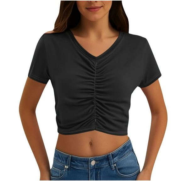 Women's Short Sleeve Ruched Crop Top Summer V-Neck Casual Tee Solid Color Slim Fit T-Shirt