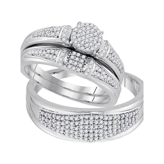 10k White Gold Round Diamond Cluster His & Hers Matching Trio Wedding Ring Band Set 1/2 Cttw