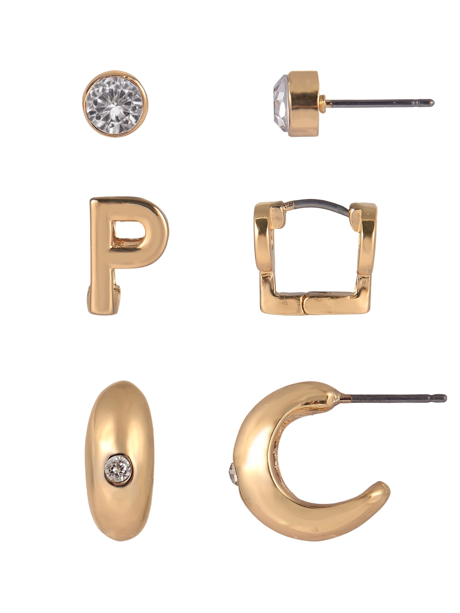 Time and Tru Goldtone 3-On Crystal Stud, Hoop, Initial "P" Earring Set