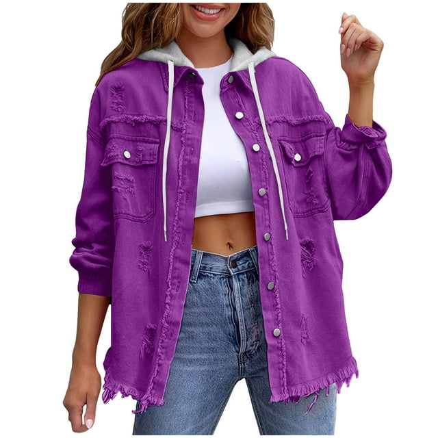 RXMEKW Womens Shirts Casual, Solid Color Denim Jacket with Detachable Hood
