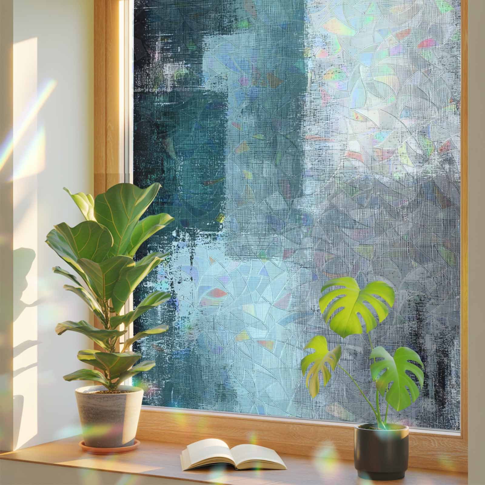 Teal Gray Window Privacy Film Rainbow Static Cling Stain Glass Window Film for Glass Door, Decorative Sunroof Decal Sticker for Car Bathroom 29.5"x78.7" Modern Oil Painted Art Abstract Geometric