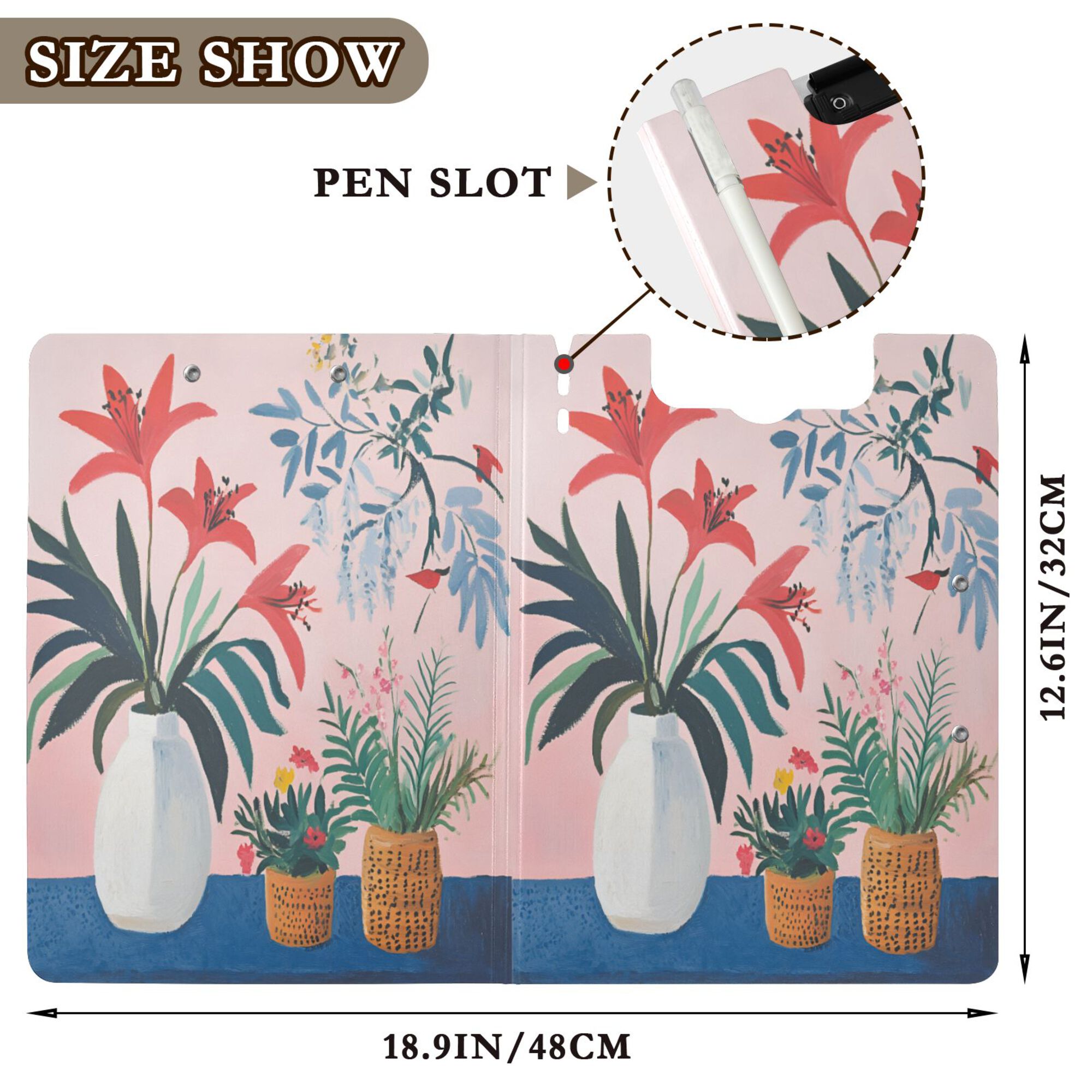 FORMRS A4 Clipboard Folder with Pen Holder Horizontal Foldable School Office Binder, Flowers and Leaves