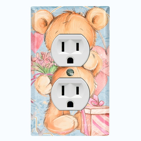 Metal Light Switch Wall Plate Outlet Cover (Teddy Bear Love Heart Flower Bouquet Balloon Present Blue - Single Duplex)