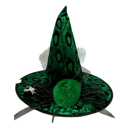 Emerald Green Satin Peacock Halloween Witch Hat Mesh and Spider Pin