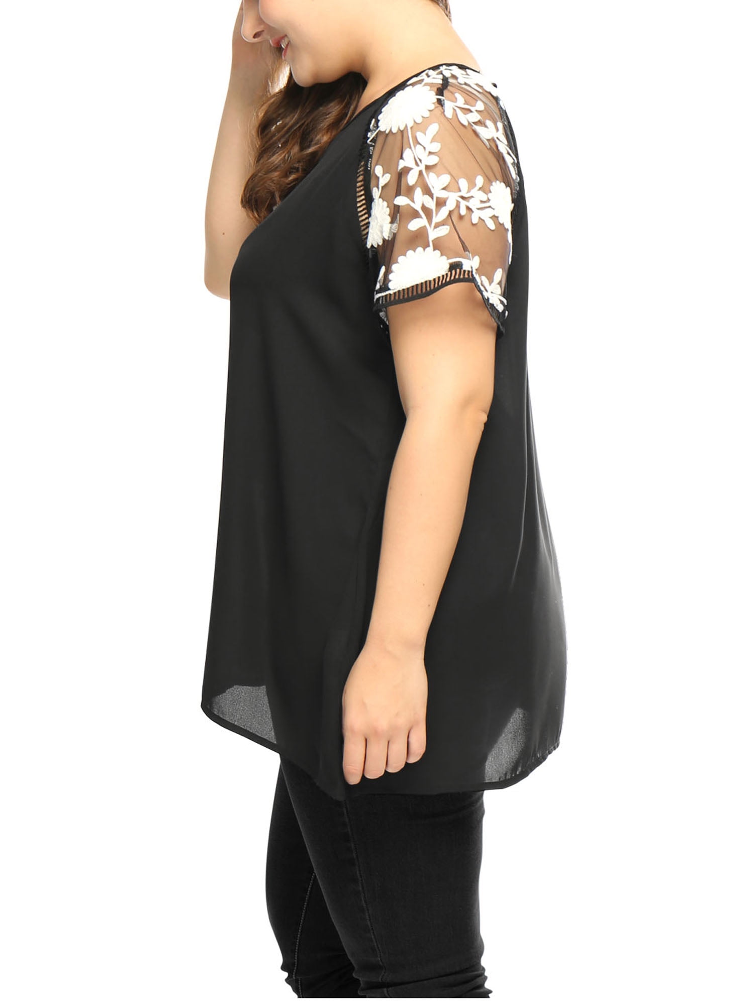 Unique Bargains Women's Plus Size Crochet Mesh Panel Sheer Raglan Sleeve Top 3X Black