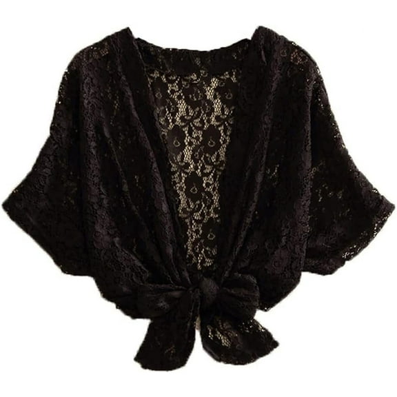Municipal Sheer Shrug Tie Front Short Sleeve Lace Cropped Bolero Cardigan Floral Lace Shrug Top