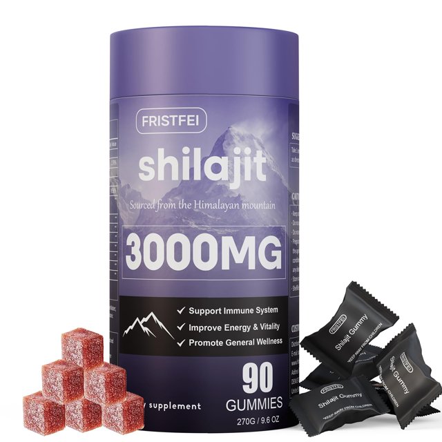 gomitas shilajit fristfei, 100% naturales y orgánicas, 90 unidades Fristfei bote cilíndrico morado con gran texto 'shilajit 3000MG' y gráfica de montañas; junto al envase, varias gomitas empaquetadas individualmente en sobres negros y un pequeño grupo de gomitas rojas cubiertas de azúcar. Descrito como suplemento diario y conveniente para llevar de viaje.