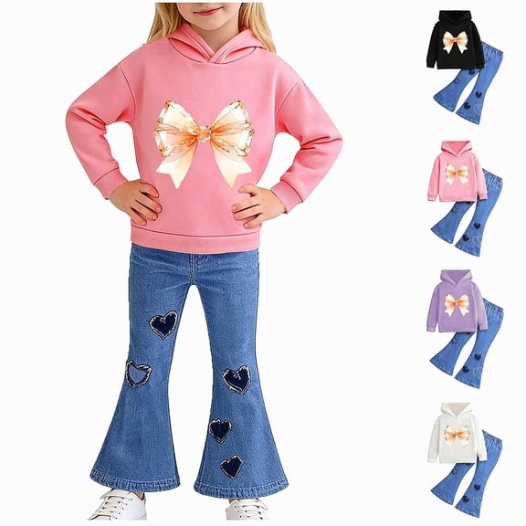 Vornjynx Girls 2 Piece Outfit(2-7)Hooded Sweatshirt with Butterfly Bow Print and Flared Pants Set Casual Clothing Set Pink Size 5T