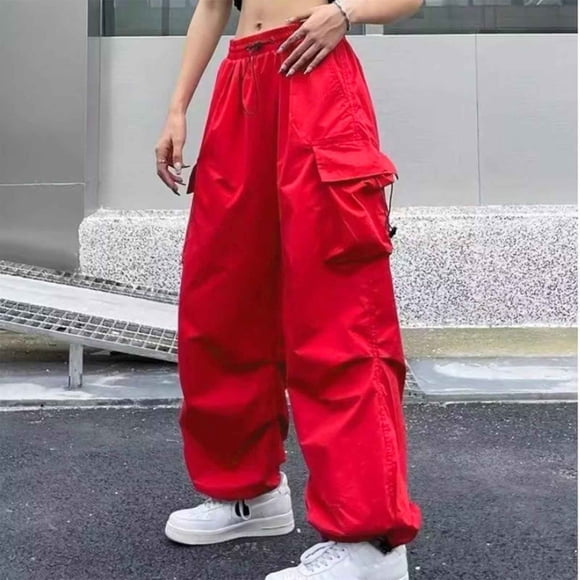 Pantalons de Survêtement Rouges pour Femmes, Pantalons Cargo Amples Mode Urbaine Hip Hop Joggers Pantalons de Survêtement à Cordon Décontracté Jambes Larges