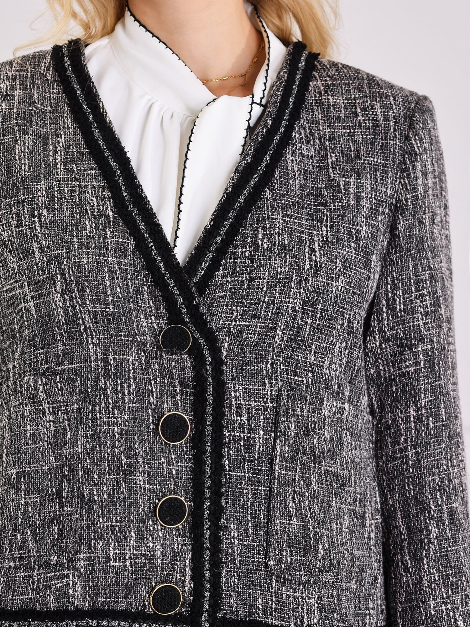DARING DIVA Women's Tweed Jacket V Neck Collarless Casual Blazer L Dark Grey