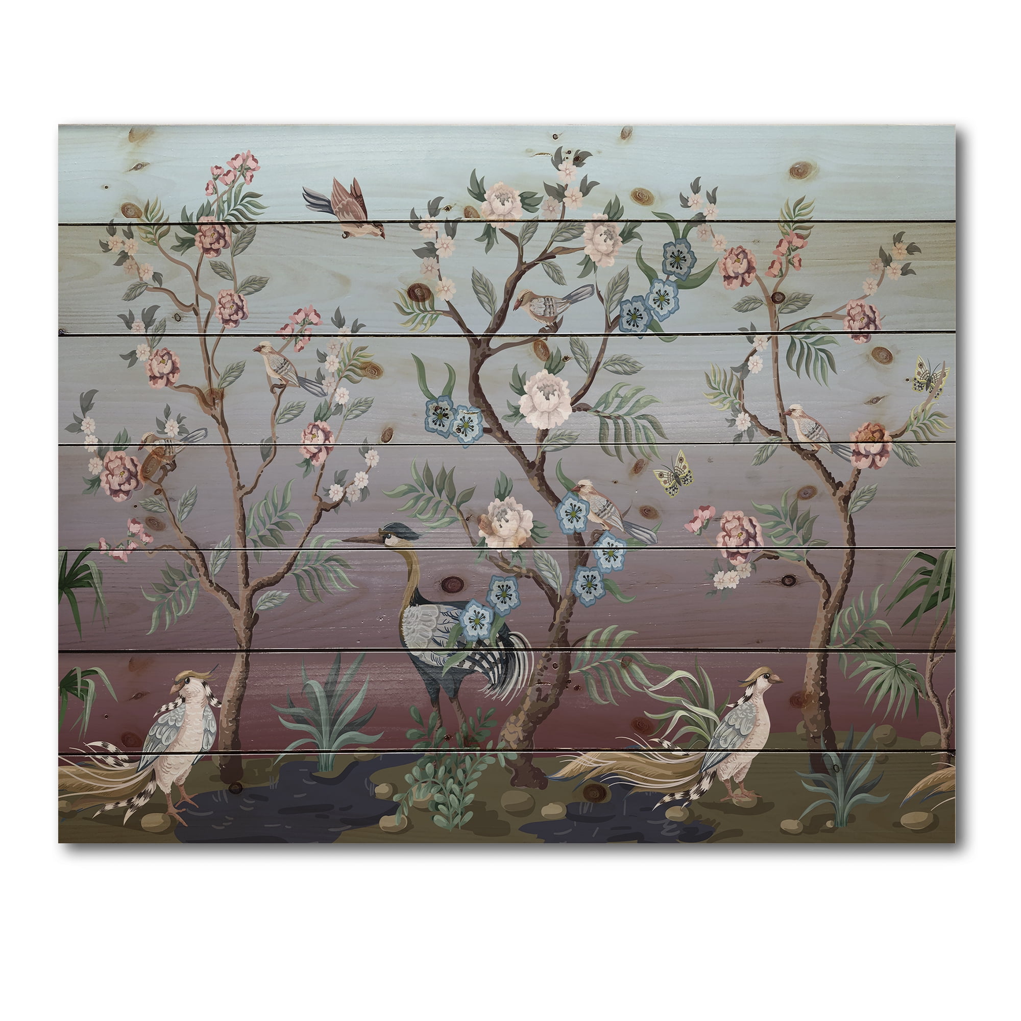Designart 'Chinoiserie With Peonies and Birds XI' Traditional Print on Natural Pine Wood