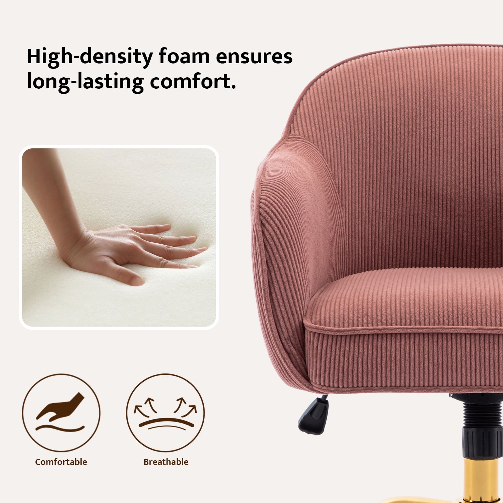 BRILHAMEZ Velvet Office Chair, Ergonomic Desk Chair with Adjustable Height, 360° Swivel, Padded Armrests for Home Office, Pink