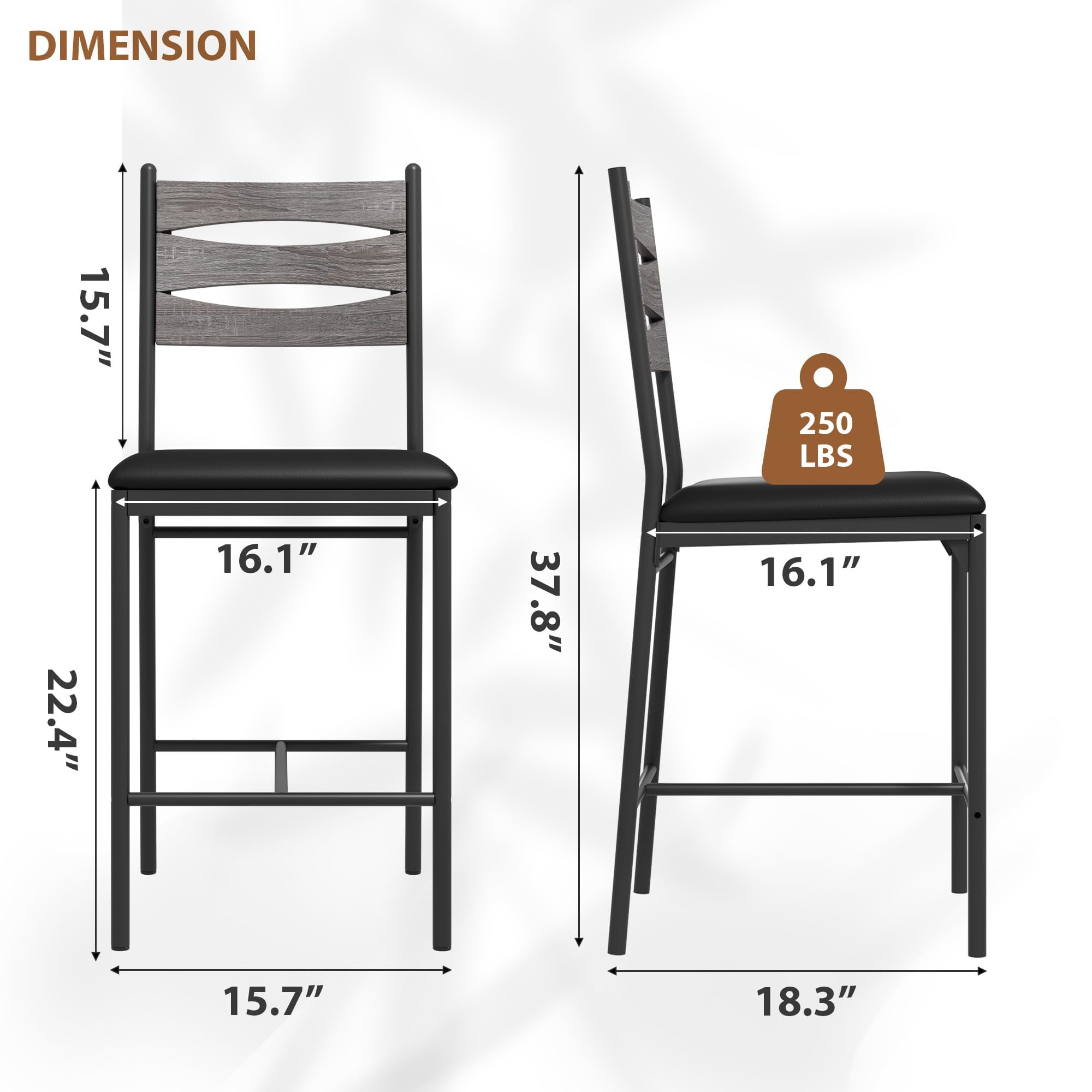 Bar Stools Set of 2, Bar Chairs with Wood Backrest, 22.4" Tall Counter Bar Stools for Counter Bar, Island, Dining Room, Kitchen, Grey