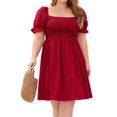 thumbnail image 3 of Plus Size Women Casual Dress Square Neck Puff Sleeve Smocked Waist Flowy Short Dress for Vacation Wine Red L, 3 of 10