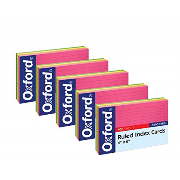 oxford neon index cards, 4" x 6", ruled, assorted colors, 100 per pack