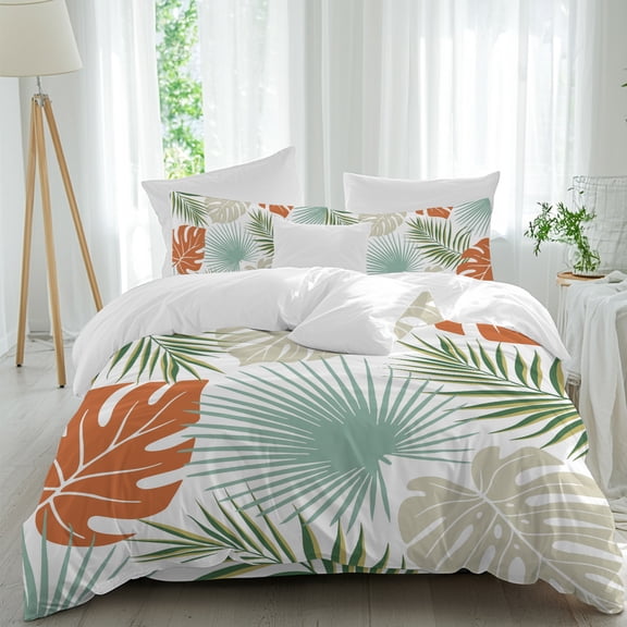 Summer Palm Leaf Bedding Duvet Cover Set Queen Size 4 Pieces, Country Tropical Botanical Blue Green Grey Monstera Leaves Bedding Set, 1 Comforter Cover 90x90in 1 Flat Sheet & 2 Pillow Cases