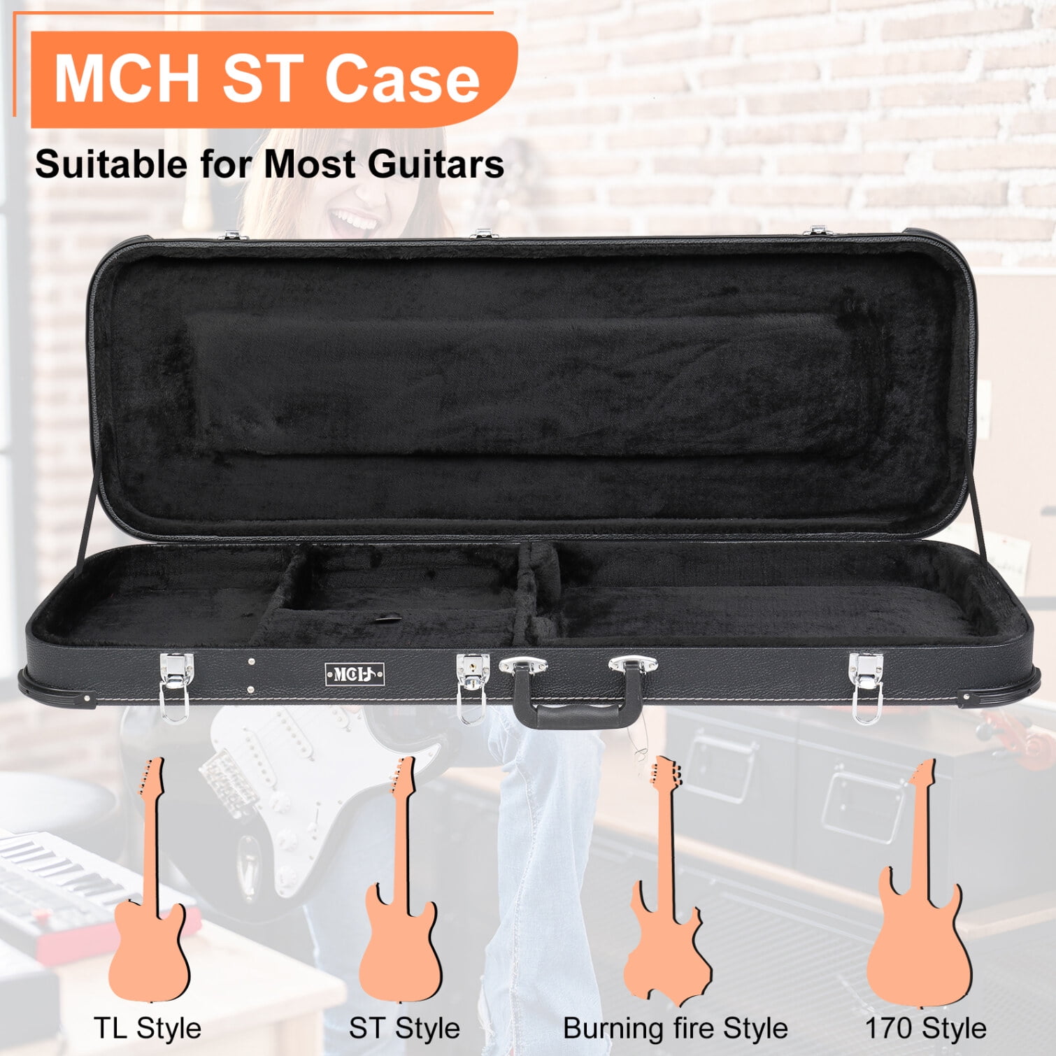 Electric Guitar Square Hard Case with Storage Compartment, Guitar Shell Case with Lock, Portable Square Hardshell with Protective Sleeve for ST, TL, Burning Fire 170 Style, Black