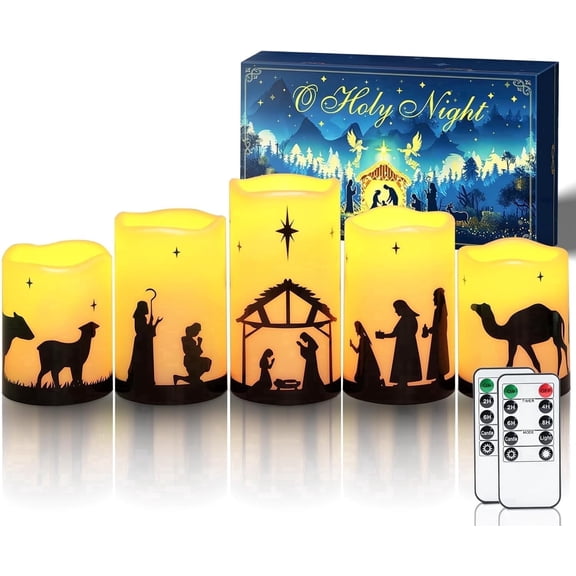 Homemory Flameless Christmas Nativity Scene Candles Battery Operated LED Pillar with Remote and Timer Set of 5