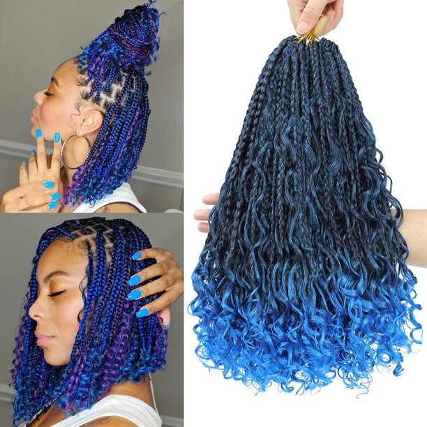 Boho Box Trenzas Cabello de ganchillo 14 pulgadas 8 paquetes Caja azul Trenza Cabello de ganchillo con extremos rizados Caja de diosa Trenzas Extensiones de cabello de ganchillo para mujeres negras (1