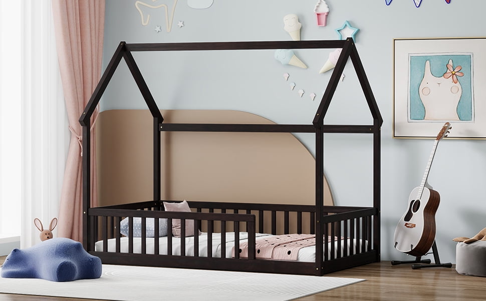 Twin Size House Floor Bed with Roof Frame, Pine Wood Floor Bed with Safety Guardrails, Espresso