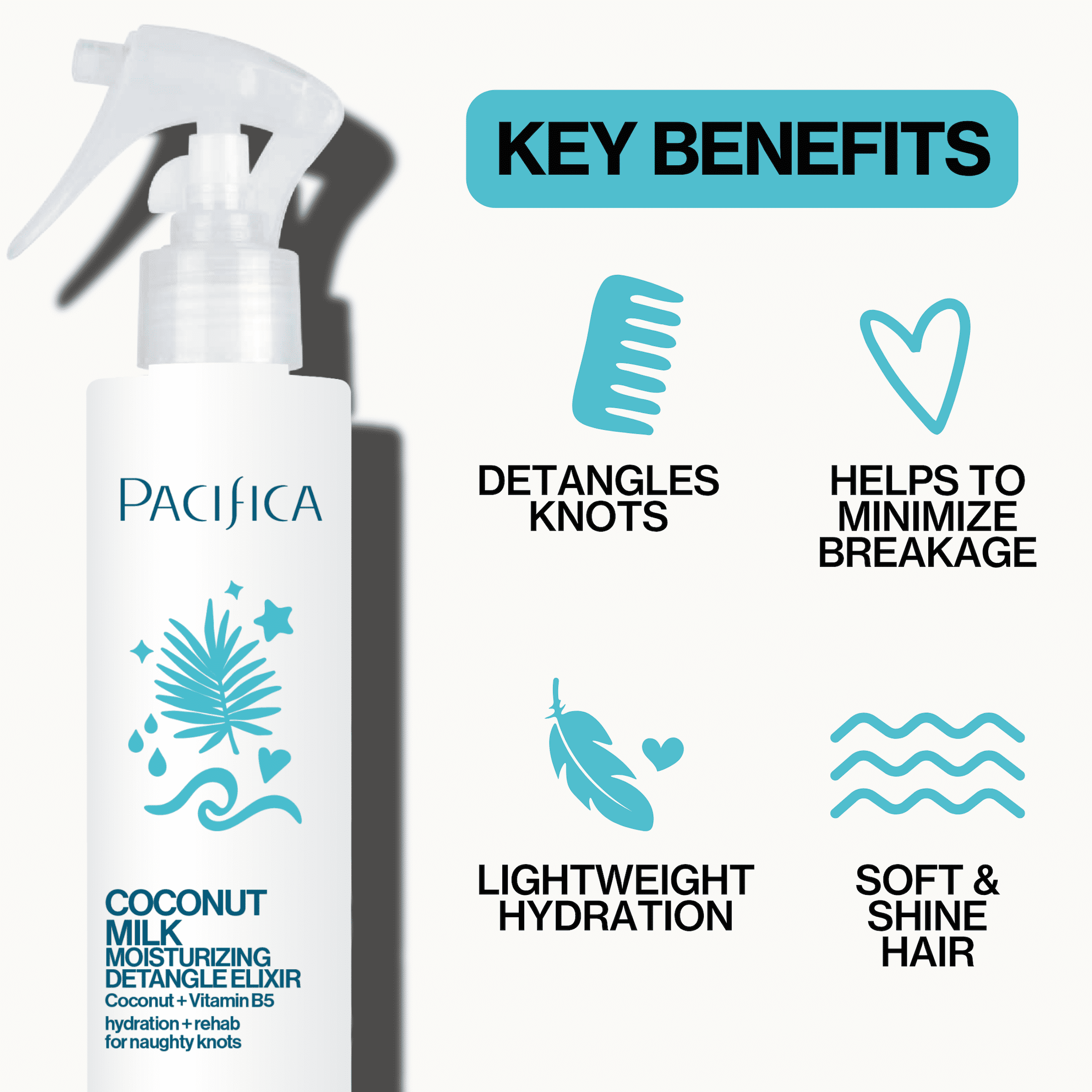 Pacifica Coconut Milk Hair Detangle Spray – Leave-In Conditioning Elixir for Tangle-Free Hair – Instantly Detangles Knots, Adds Shine & Moisture, Prevents Breakage & Frizz – Vegan & Cruelty-Free