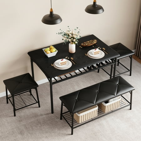 Studyset Dining Room Table Set for 4 Metal Frame Kitchen Table Set Dining Room Table Set with Upholstered Bench and Square Stools 4 Piece Dinette Set with Storage Shelves Dining Furniture Set for S