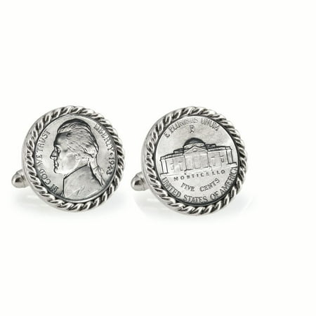 Silver Jefferson Nickel Wartime Nickel Silvertone Rope Bezel Coin Cuff Links