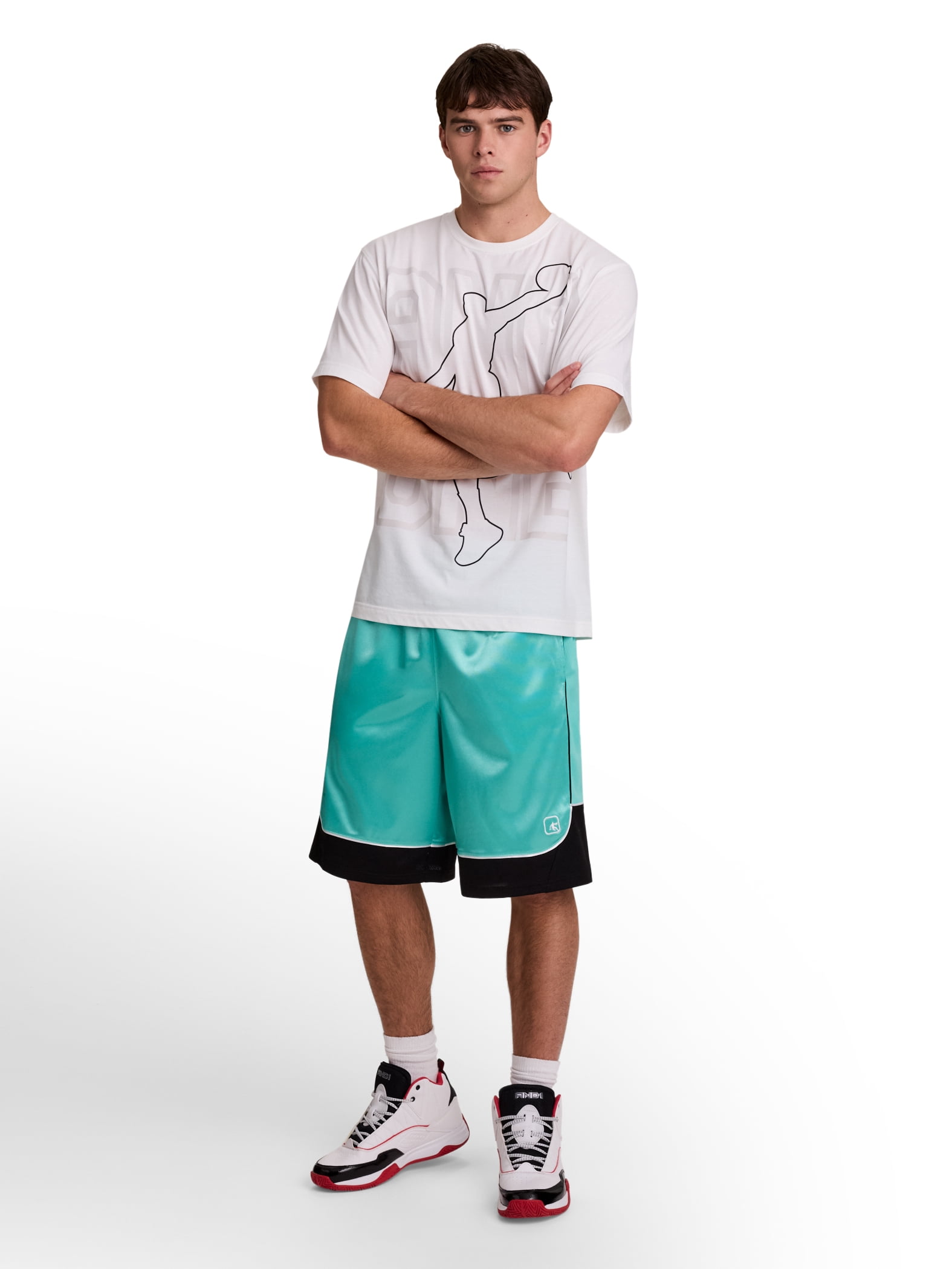 AND1 Men's and Big Men's All Court Colorblock Short, 11" inseam, up to Size 5XL