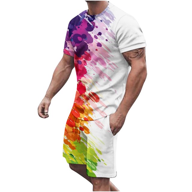 UVEASISHA Mens Summer Outfits Set,Men Short 2 Piece Tracksuits Gradient Tie Dye Print Short Sleeve Muscle Gym Workout Athletic Sports Suits Sets White