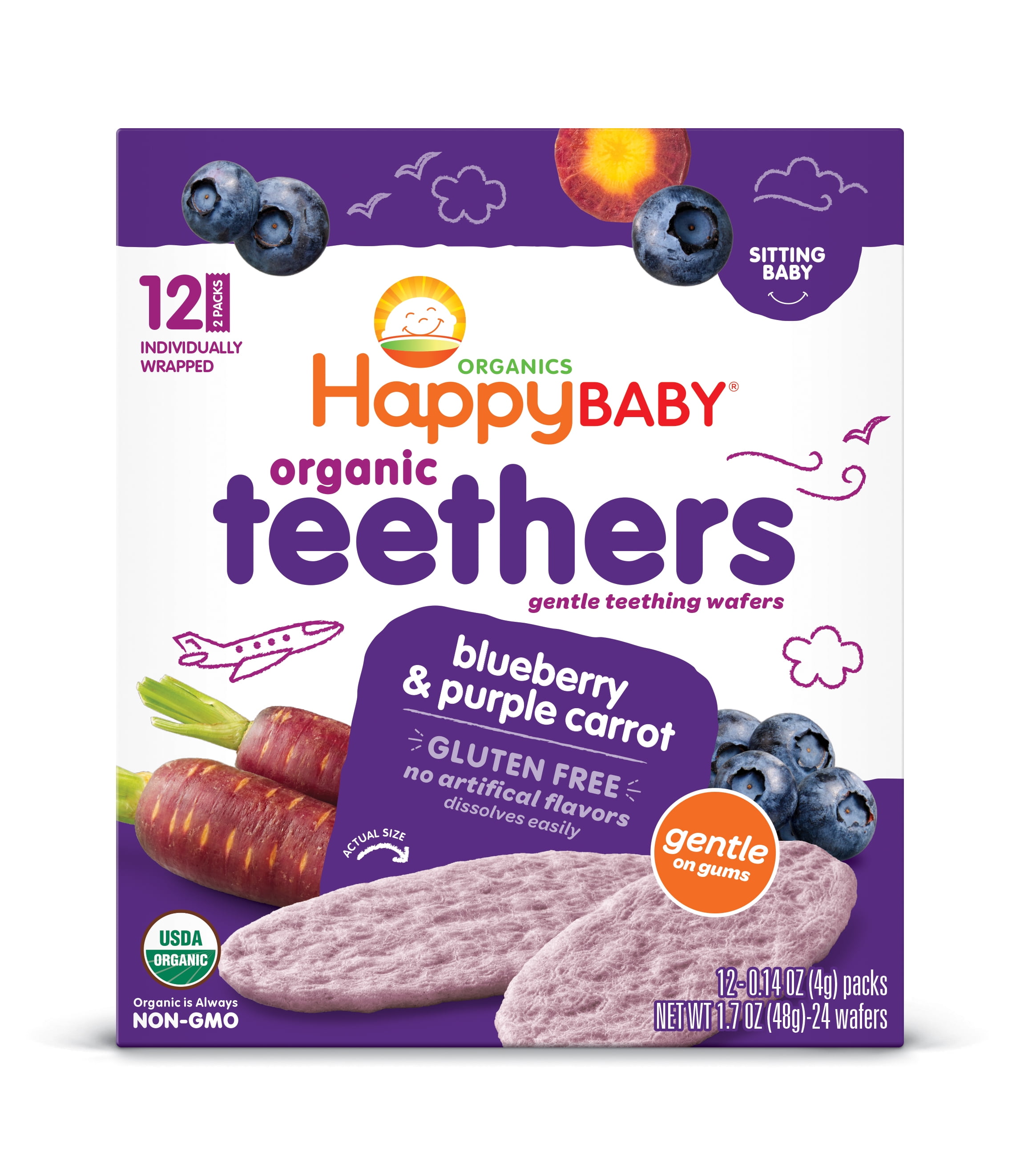 Happy Baby Gentle Teethers Organic Teething Wafers, Blueberry & Purple Carrot, 12 ea