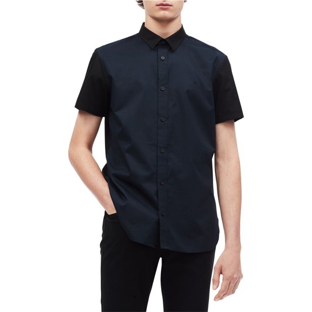 Calvin Klein Camisa con botones de bloque de color para hombre, azul, mediano Calvin Klein Botones al frente