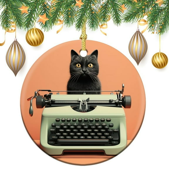 Christmas Ornament Vintage Typewriter Cat Customized Round Ceramic Ornament Cat Lover Gifts Keepsake Funny Christmas Hanging Tree Decor Ornament Holiday Present