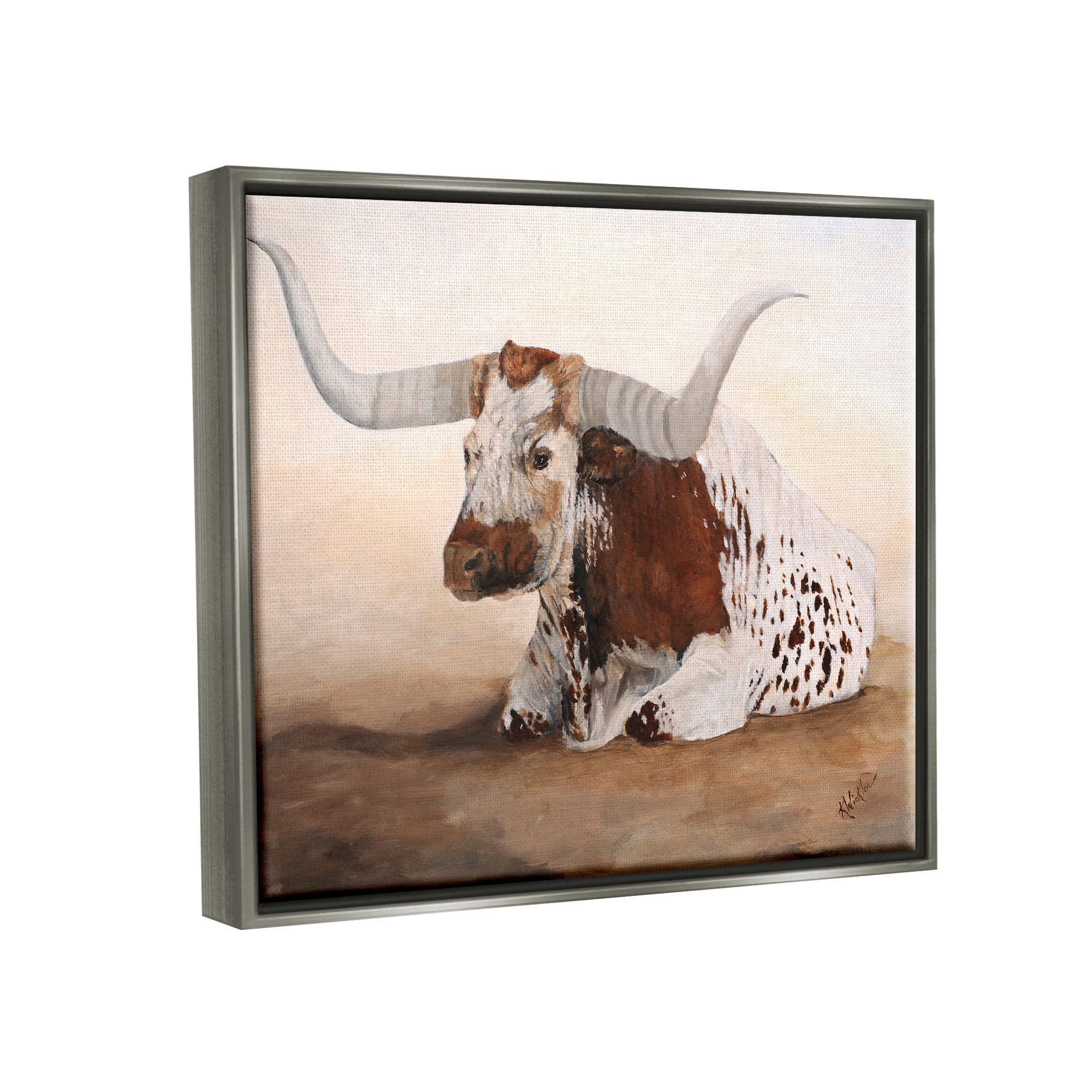 Stupell Longhorn Cattle Resting Painting Animals & Insects Painting Gray Floater Framed Art Print Wall Art
